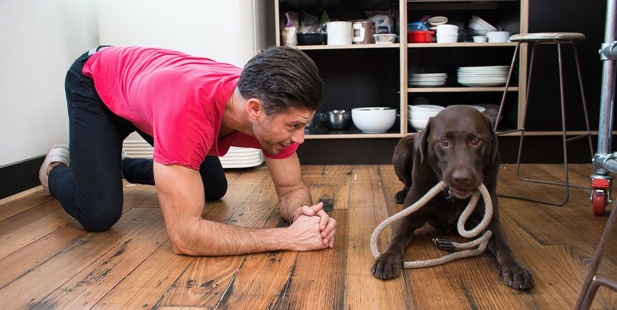 Sam Wood & his dog Henderson getting ready to go for a walk