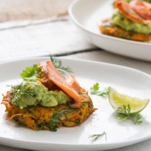 Sweet Potato Fritters with Smashed Avocado and Salmon