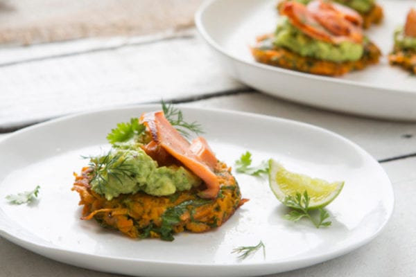 Sweet Potato Fritters with Smashed Avocado and Salmon