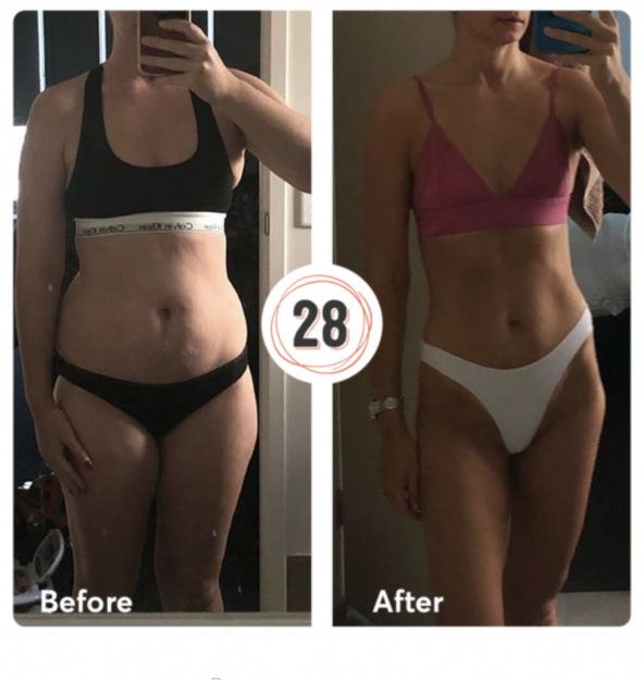 before & after - Amy lost 35kgs on 28bysamwood