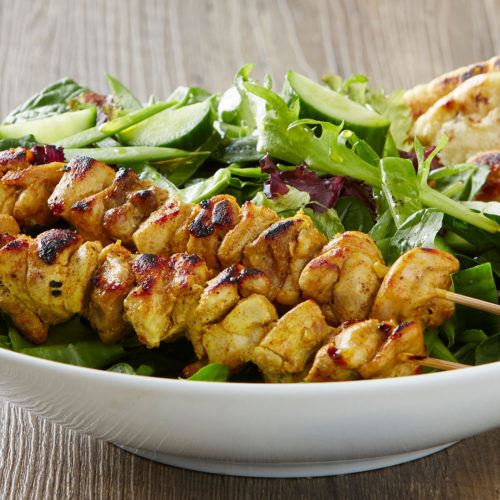 healthy chicken tikka skewer salad