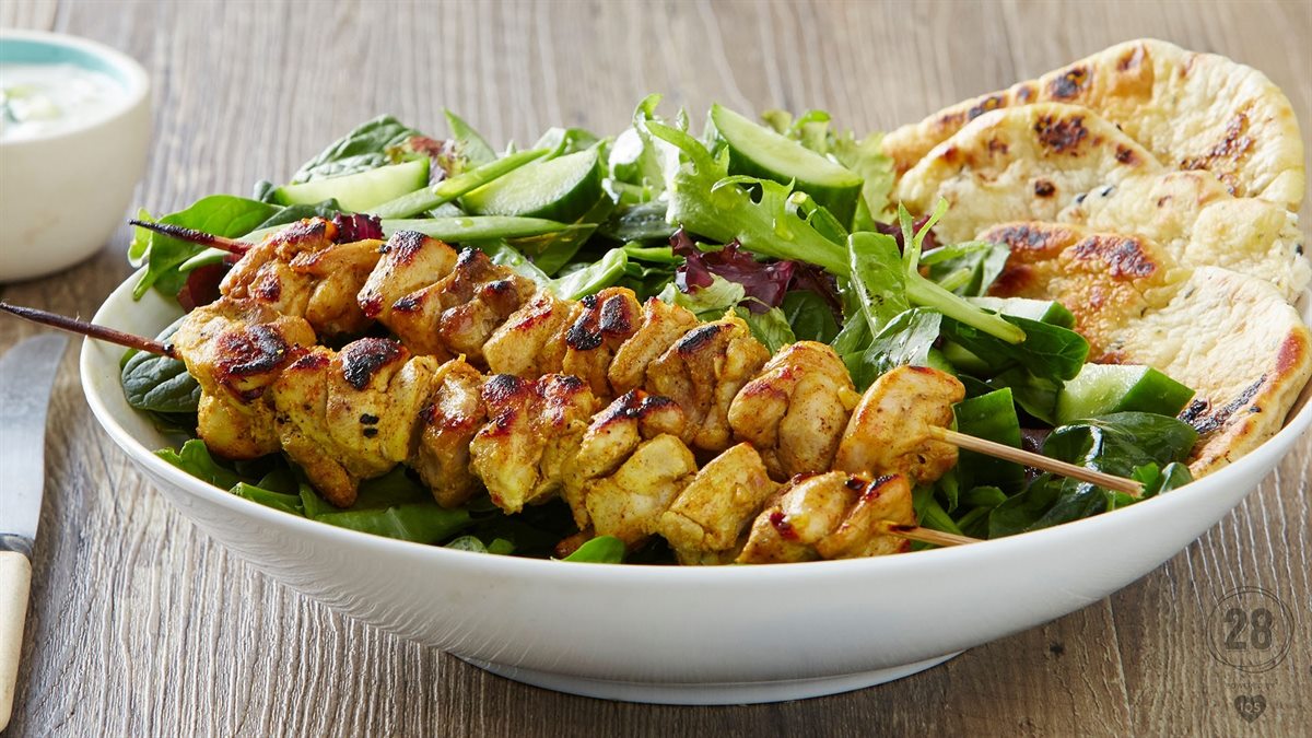 healthy chicken tikka skewer salad